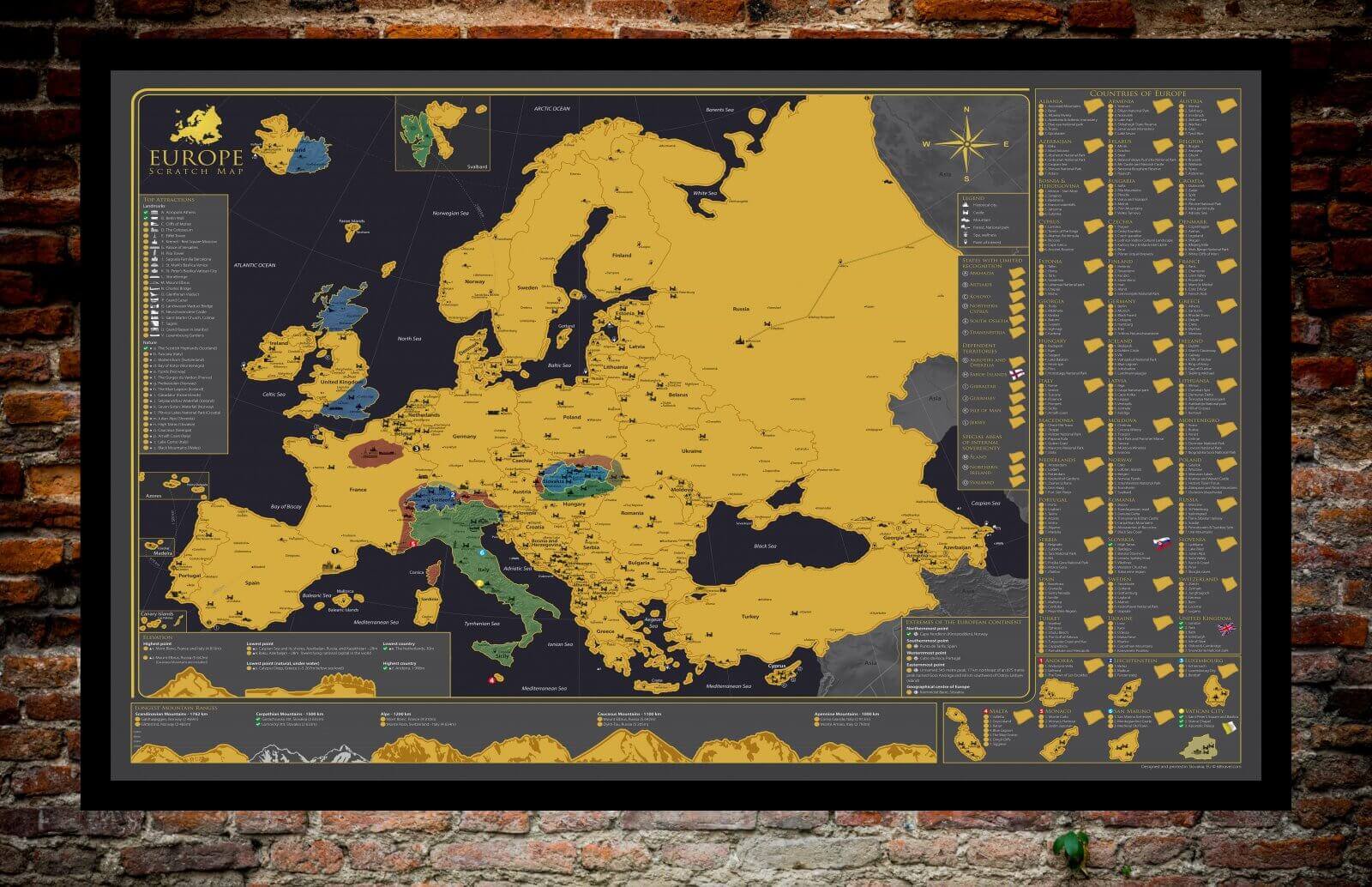 Mappa da graffiare dell'Europa - mostrata con le parti grattate via
