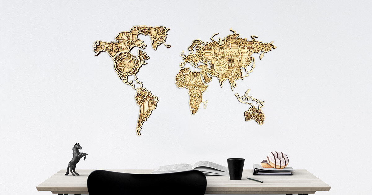 Mappa del Mondo Industriale in Legno - da parete